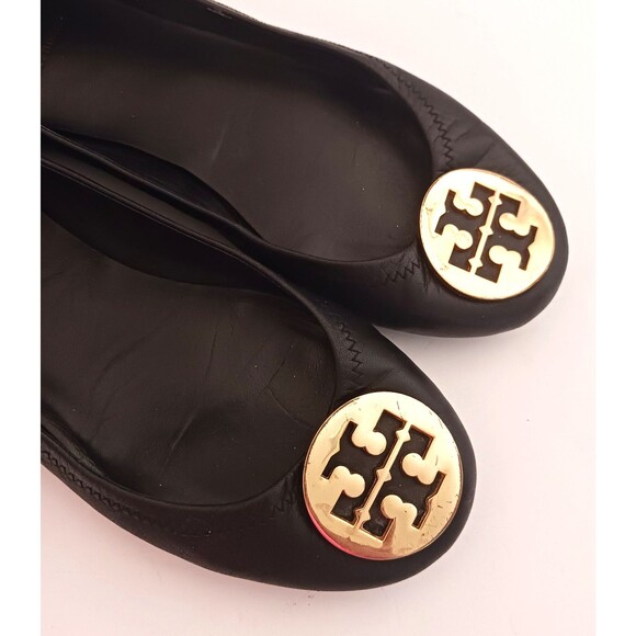 Tory Burch Minnie Ballet Flat Blk Leather Gold Logo Flexible Sole 8.5M - Picture 2 of 10